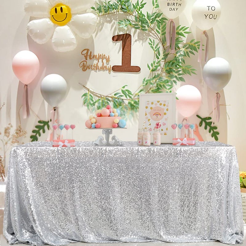 QueenDream Sequin Tablecloth 90x132 Inches Rectangular Silver Table Cloth Glitter Fabric Overlay for Wedding Birthday Bridal Shower Decorations - Image 4